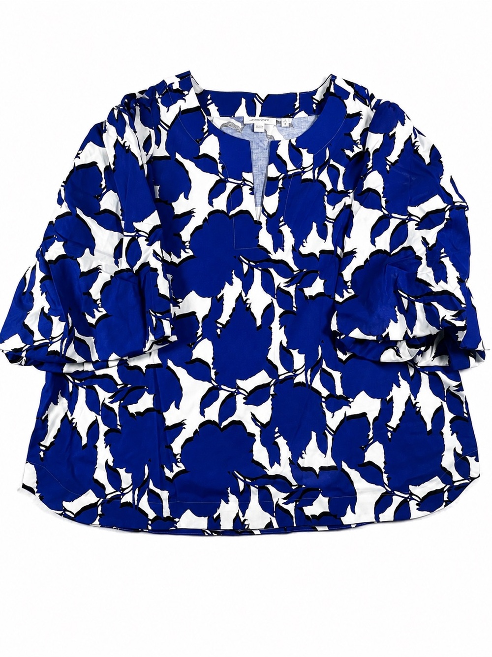 Chico’s Blue White Floral Blouse Puff Sleeve Boho Coastal Resort Tunic Top